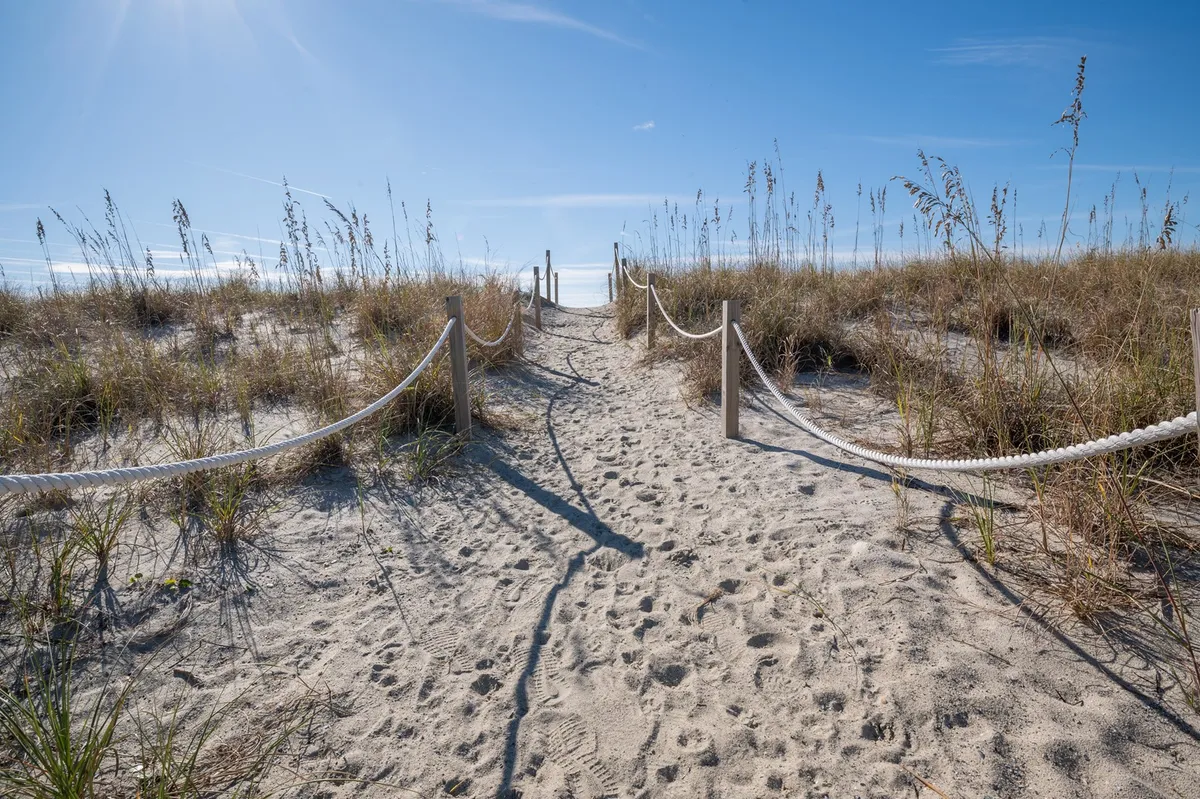 A sandy pathway bordered by tall seagrass and rope fencing leads directly toward the beach, evoking a sense of anticipation before reaching the shoreline. The perspective highlights the natural beauty and tranquility of Oak Island Beach, suggesting easy pedestrian access and the promise of family fun on the sand and in the surf.